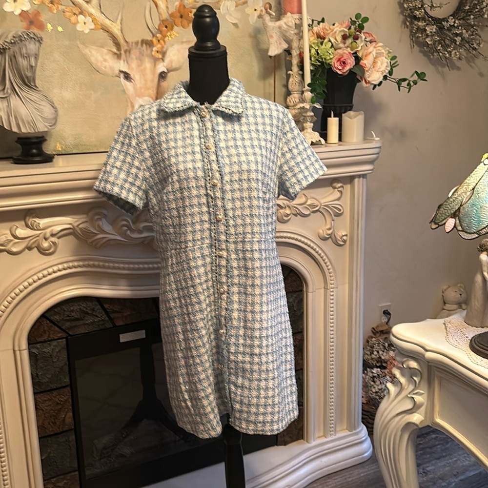 XL size 12 blue white and gold fleck tweed dress